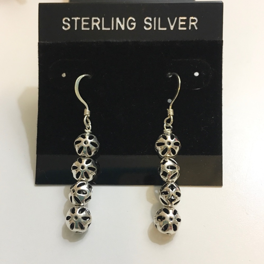 Sterling Silver Puffed Floral Bead Dangle Earrings